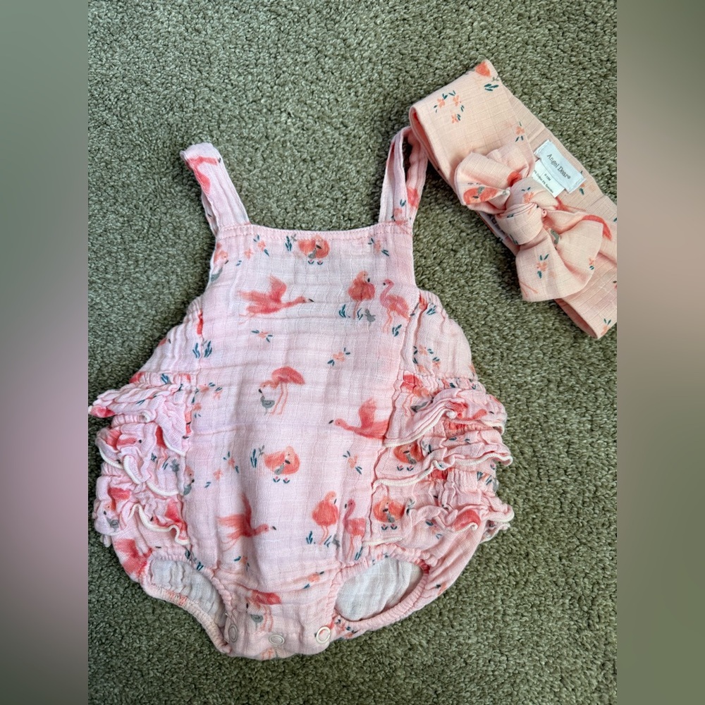 Angel Dear Peach Flamingo Romper & Bow Headband